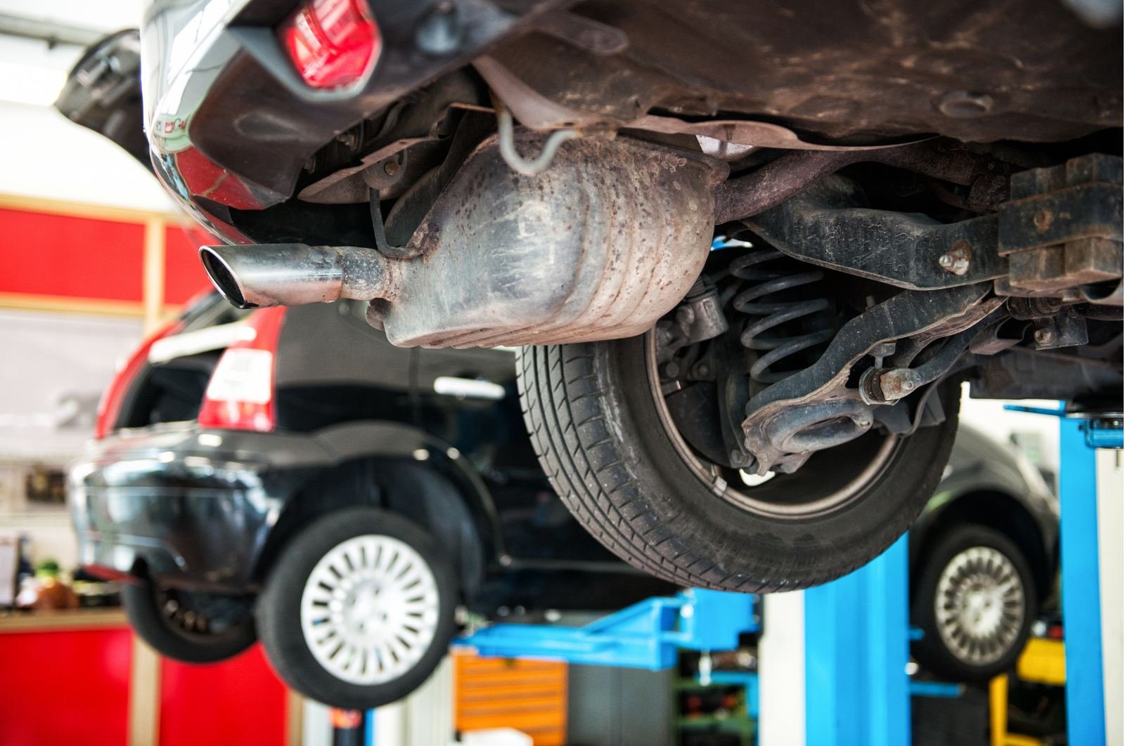 Underside of a vehicle showing suspension components