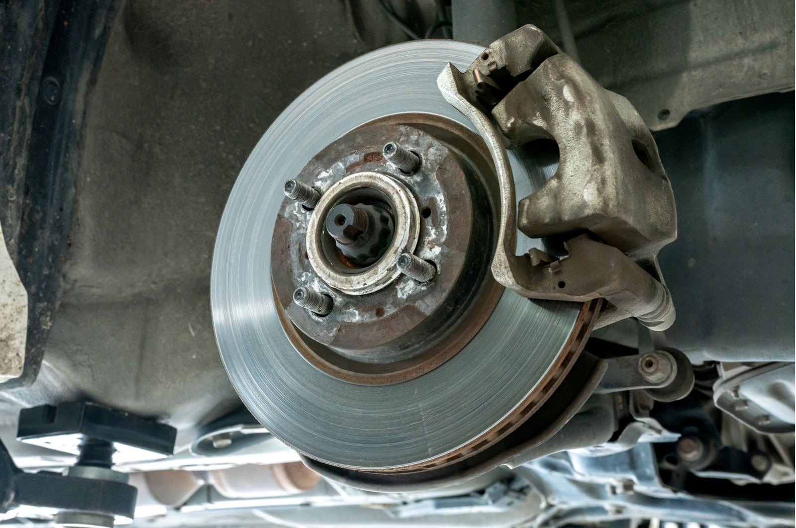 Close-up of a brake rotor and caliper
